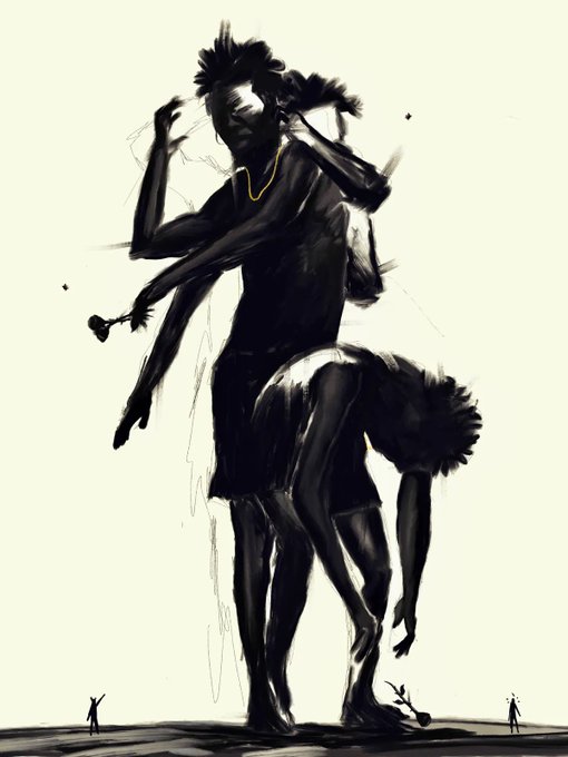 An expressive black ink painting of a dancing female figure with flowing limbs, with two tiny human silhouettes at her feet.