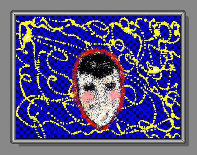 A framed artwork featuring a pixelated, textured face with rosy cheeks on a deep blue background, surrounded by swirling yellow lines and red accents.