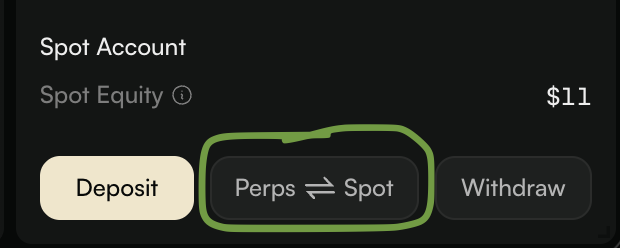 A cryptocurrency account interface showing a Spot Equity balance of $11, with a green circle highlighting the 'Perps ⇄ Spot' transfer button.