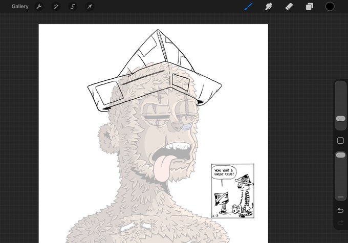 A digital drawing app screenshot showing a cartoon character wearing a newspaper hat with a tongue out, alongside a small comic panel reading 'WELCOME TO A GREAT CLUB?'.