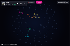 Screenshot of a game interface showing scattered colored tokens or nodes on a dark background with 'RUN' and 'Address List' buttons visible in the corners.