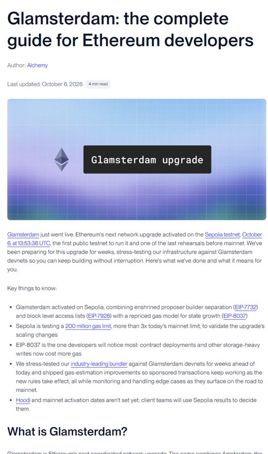 A blog article titled 'Glamsterdam: the complete guide for Ethereum developers' by Alchemy, discussing the Glamsterdam network upgrade activated on the Sepolia testnet.