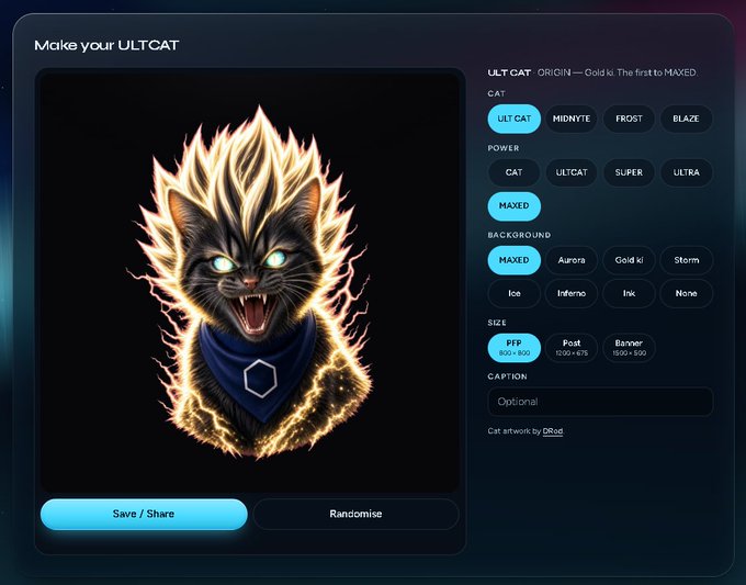 An interactive NFT creation interface titled 'Make your ULTCAT' displaying a fierce cat with glowing yellow energy and a blue bandana, with customization options for type, power, background, size, and caption.