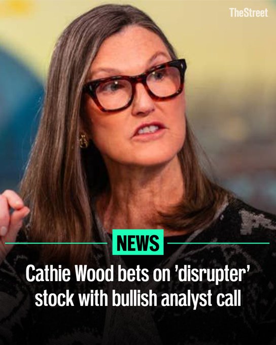 Cathie Wood, founder of Ark Invest, is featured in a TheStreet news article with the headline "Cathie Wood bets on 'disrupter' stock with bullish analyst call," complementing the post about her doubling down on a crypto stock she views as a "prime beneficiary" of tech disruption.