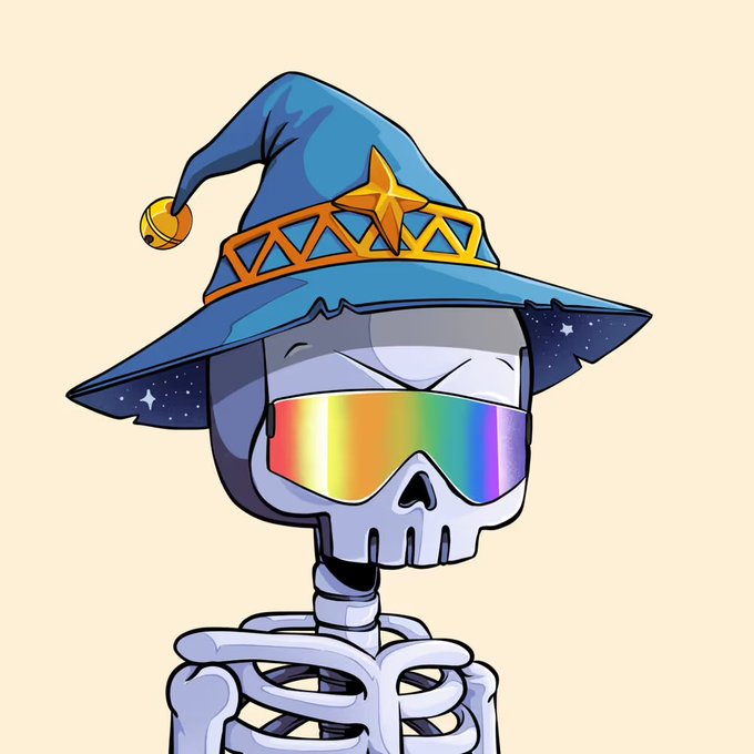 A cartoon skeleton wearing a wizard hat with a star and rainbow visor glasses, representing a unique NFT character trait from the DedGorgez collection being promoted for its matchable set system. The image showcases the distinctive, colorful artwork style that makes the collection stand out in the NFT space.
