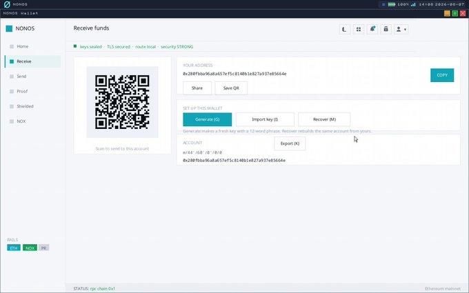 The image shows the NØNOS Wallet "Receive funds" interface displaying a wallet address (0x28Bfbbba8CaB657aF5c8148b1edb2Fd37bF5664e), QR code, and transaction account details for the NOX token. It relates to the post by visually confirming the wallet interface where the 10,000 NOX ERC-20 transfer was securely signed within the OS before being broadcast to Ethereum mainnet.
