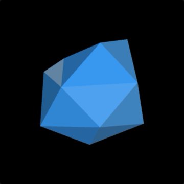 A blue geometric 3D polyhedron/crystal shape displayed against a black background.