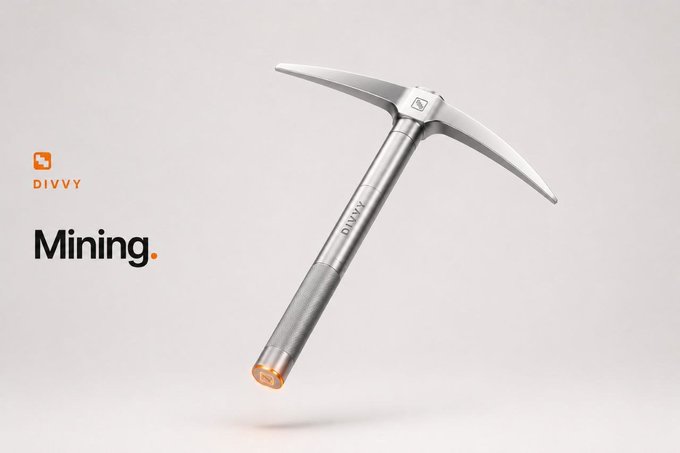 A sleek silver pickaxe branded "DIVVY" floats against a soft beige background, with the text "DIVVY" and "Mining." displayed on the left side, symbolizing the platform's upcoming mining feature for $DIVVY token holders.