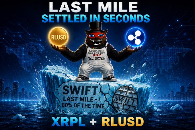 A cartoon bear in a top hat balances a glowing "RLUSD" coin and an XRP logo above a cracked iceberg labeled "SWIFT LAST MILE - 80% OF THE TIME," promoting the post's claim that XRPL and RLUSD can settle cross-border payments in seconds rather than getting stuck in SWIFT's "last mile" bottleneck. The headline "LAST MILE SETTLED IN SECONDS" and "XRPL + RLUSD" tagline reinforce the argument that traditional correspondent banking remains slow while XRP-based rails offer near-instant finality.