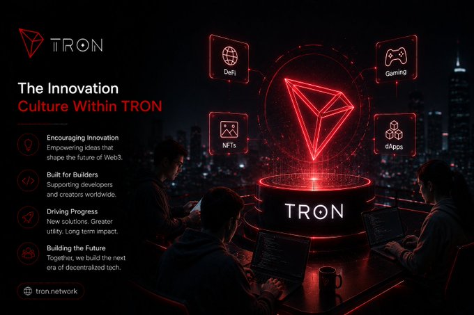 A promotional graphic for the TRON blockchain network titled 'The Innovation Culture Within TRON,' highlighting categories like DeFi, NFTs, Gaming, and dApps, with the website 'tron.network' displayed.