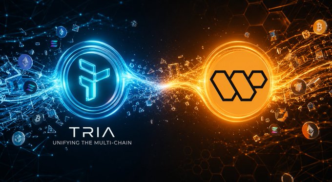 The image features a blue circle with the tria logo, accompanied by a yellow square containing a white "w" symbol below the circle. The background of the image displays various symbols related to cryptocurrency logos, such as w3 and tria. Additionally, there are texts that read "unifying the multi-chain". This design seems to be focused on creating an interesting visual representation or logo for a project or service related to cryptocurrency and blockchain technology.