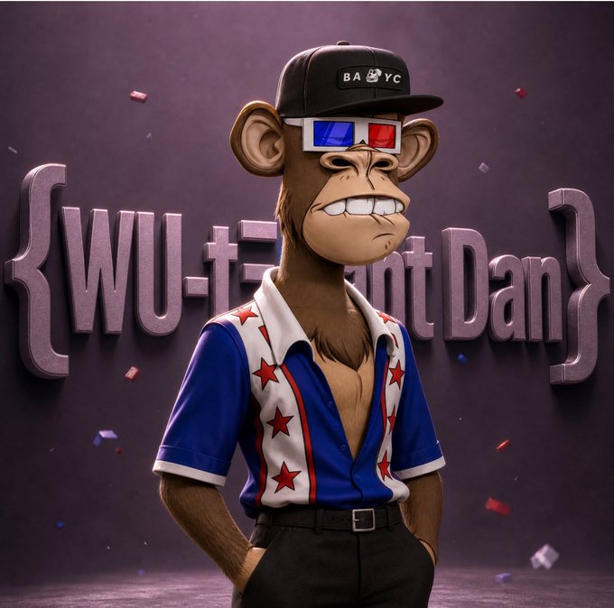A 3D-rendered Bored Ape character wearing a 'BAYC' cap, 3D glasses, and a blue, white, and red starred shirt stands in front of text reading '{WU-t...ot Da}' (Bored Ape).