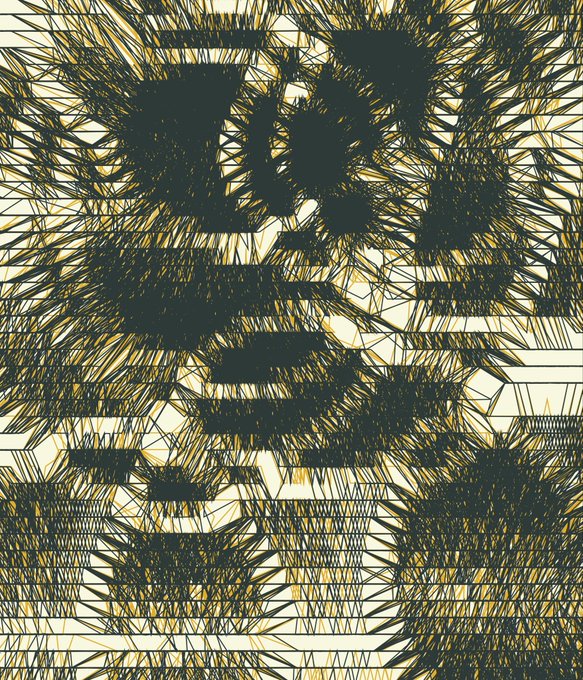 An abstract artwork featuring dense, chaotic black line scribbles that obscure underlying yellow and white geometric patterns.