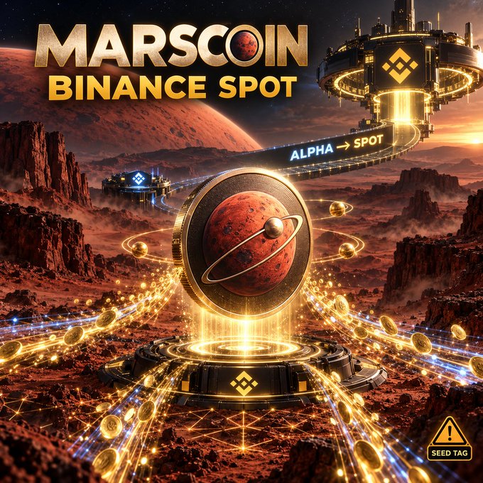 A futuristic crypto advertisement featuring "MARSCOIN" and "BINANCE SPOT" text, with a Mars-like planet on a golden coin platform, a floating space station, and "ALPHA → SPOT" signage in a sci-fi desert landscape.