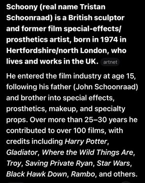 The image is a Wikipedia-style text excerpt about British sculptor and former film special-effects/prosthetics artist Tristan Schoonraad (known professionally as Schoon), noting his 25–30 year career contributing to over 100 films including Harry Potter, Gladiator, Where the Wild Things Are, Troy, Saving Private Ryan, Star Wars, Black Hawk Down, and Rambo. The post references this as background on the artist whose work is being featured in a VeVe digital art drop via a collaboration with @elmonx_official.
