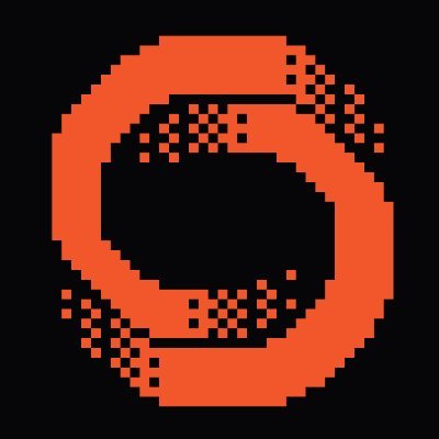 A pixelated retro-style orange circular logo or icon resembling a stylized letter 'C' or 'O' on a dark gray background, featuring a fragmented, glitch-like design.