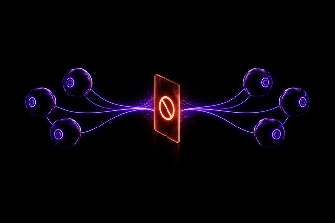 A digital graphic shows a glowing red rectangular gate in the center connected by purple energy lines to clusters of purple spheres on either side against a black background.