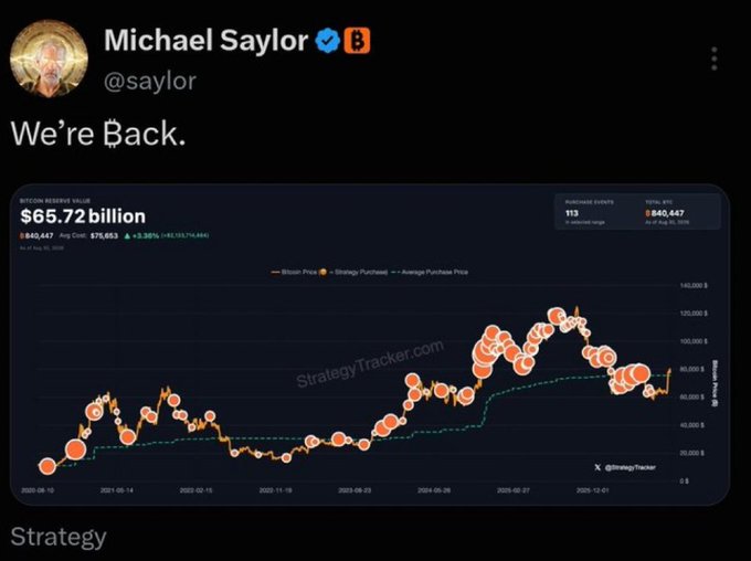 Michael Saylor teases another major Bitcoin purchase with a "We're back" tweet featuring a Strategy Tracker chart showing Bitcoin holdings valued at $40.4B (+3.38%) with an average purchase price around $76,000, fueling speculation of an imminent $BTC mega-buy.