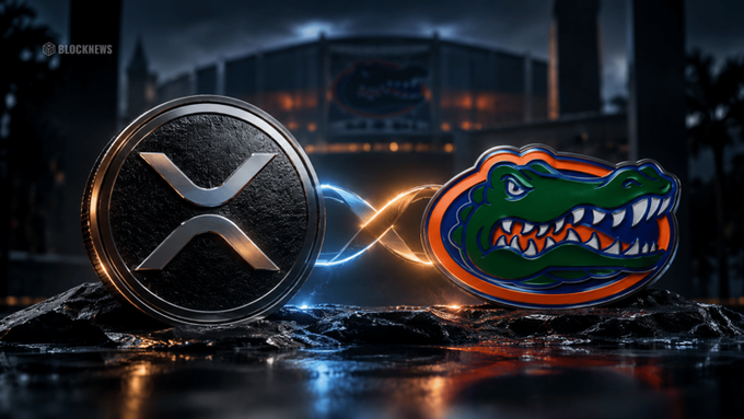 A dark, dramatic graphic shows a metallic XRP coin linked by glowing energy chains to a Florida Gators logo, with a 'BLOCKNEWS' watermark.