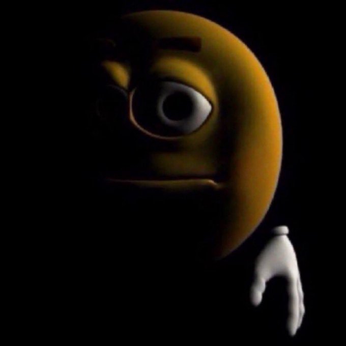 A 3D-rendered yellow smiley face emoji with one large visible eye and a small white gloved hand, set against a black background in a dark, stylized rendering.