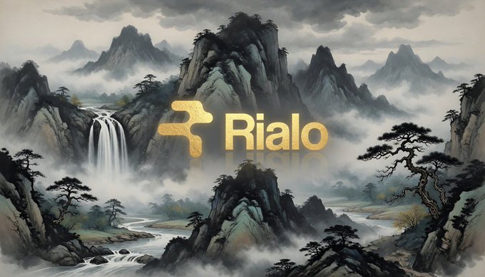 The image features a painting of mountains with a waterfall, surrounded by fog. The painting has gold lettering that reads "Rialo" above the waterfall. There are also other people present in the scene, including one person near the bottom left corner who appears to be taking a picture or recording something.