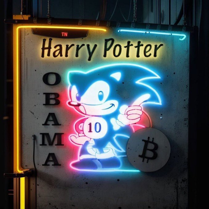 A neon-style sign reads 'Harry Potter OBAMA' featuring a cartoon character giving a thumbs up with the number 10 on its chest, alongside a Bitcoin symbol.
