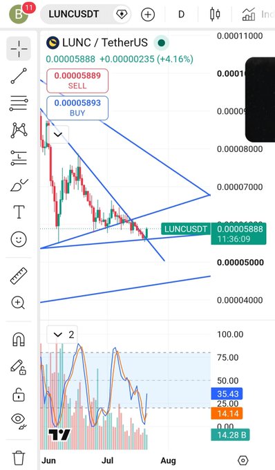 A cryptocurrency trading chart for LUNC/TetherUS (LUNCUSDT) on TradingView, showing a current price of 0.00005888 (+4.16%) with descending triangle pattern lines.