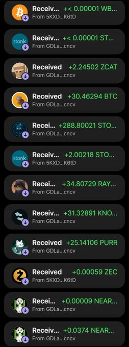 A mobile wallet activity log showing a list of small cryptocurrency "Received" transactions from addresses like 5KXD...K6iD and GDL4...cncv, including amounts of WB, ST, ZCAT, BTC, STO, RAY, KNO, PURR, ZEC, and NEAR.