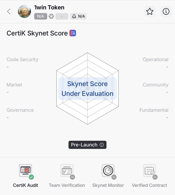 A CertiK Skynet Score page for '1win Token' showing the radar chart is 'Under Evaluation' with all categories (Code Security, Operational, Market, Community, Governance, Fundamental) marked N/A, and a Pre-Launch status with CertiK Audit completed.