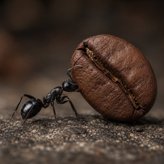An identical macro photograph to the previous one, showing a black ant alongside a roasted coffee bean on a rough surface.