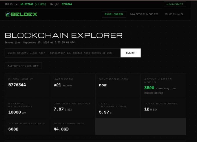 A screenshot of the 'BELDEX' Blockchain Explorer interface showing block height 5776344, circulating supply of 7.87 B BDX, and other blockchain statistics from September 2020.