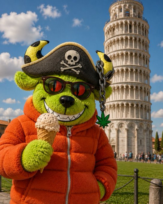 An AI-generated image of a green fuzzy character wearing a pirate hat with skull and crossbones, sunglasses, and an orange puffer jacket, holding ice cream in front of the Leaning Tower of Pisa.