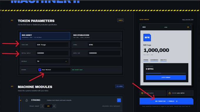 A dark-themed interface for 'TOKEN PARAMETERS' showing settings for an 'B2D ASSET' named 'B2R Forge' with 1,000,000 initial and supply, and a preview panel displaying a 'BFR' token with 1,000,000 supply.