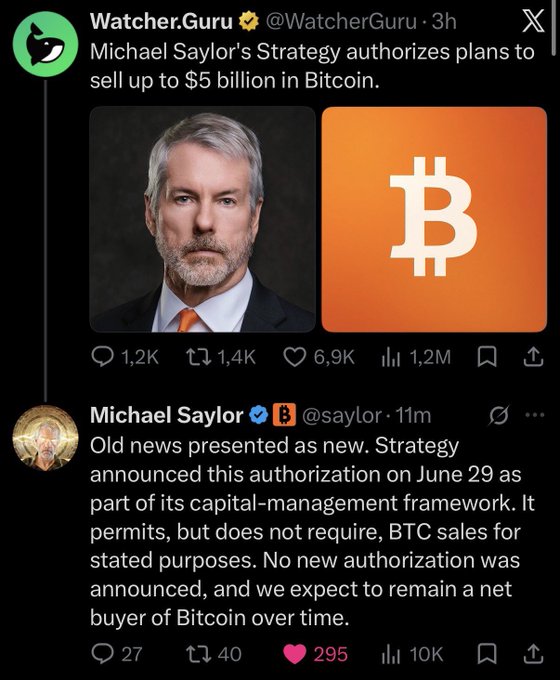 An X post by Watcher.Guru about Michael Saylor's Strategy authorizing plans to sell up to $5 billion in Bitcoin, with Michael Saylor replying that it's 'Old news presented as new' from a June 29 announcement.