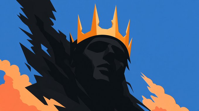 A stylized silhouette of a bearded face wearing a golden crown against a blue sky, framed by black thorny branches and orange clouds.