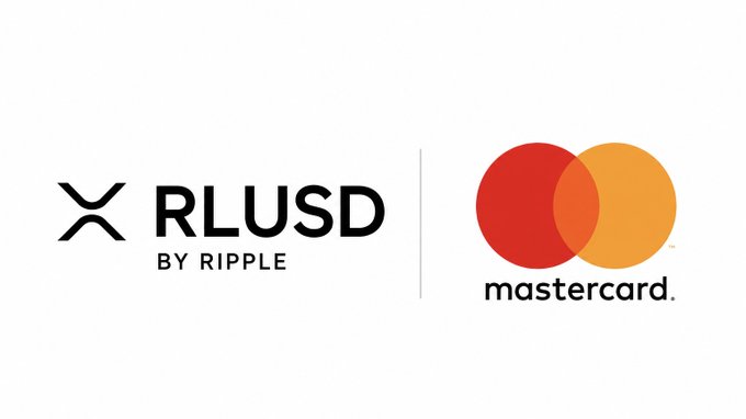 The image features two logos, one for Mastercard and another forRLUSD (Ripple), both of which are part of the same ecosystem. The logos display red circles with orange lines inside them, representing the companies' collaboration. The text "BREAKING: Mastercard officially includes RLUSD in its 24/7 stablecoin settlement framework. The same institutions that once ignored crypto are now building with the Ripple ecosystem." highlights the partnership between these two major players in the world of cryptocurrency and payments.