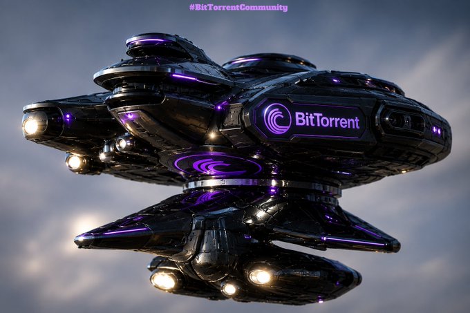 A futuristic 3D-rendered spaceship with purple neon lighting and the BitTorrent logo on its hull, featuring the hashtag '#BitTorrentCommunity' at the top.