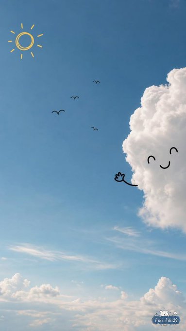 A whimsical illustration of a blue sky with a hand-drawn smiling sun in the upper left, a smiling cloud character waving on the right, and small drawn birds flying in between. There is a small 'Fiki Fiki 29' watermark in the bottom right corner.