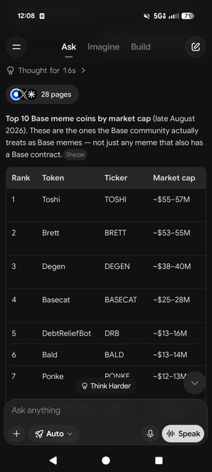 A mobile screenshot showing a ranked list of the top 10 Base meme coins by market cap, including Toshi (TOSHI), Brett (BRETT), Degen (DEGEN), Basecat (BASECAT), and DebtReliefBot (DRB).