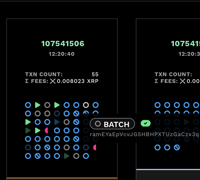Two dark-themed digital ledger screenshots showing transaction details with large numbers like '107541506', timestamps '12:20:40', TXN COUNT: 55, and FEES of 0.008023 XRP, featuring colorful geometric icons and a 'BATCH' button.