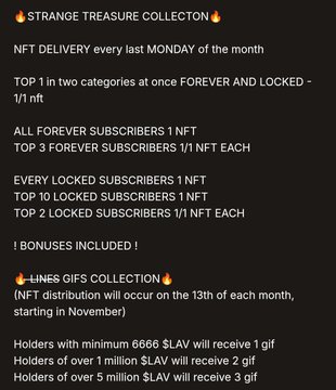 A black promotional graphic for a '🔥 STRANGE TREASURE COLLECTION 🔥' outlines NFT delivery rules, including rewards for top locked subscribers and details for a '🔥 LINES GIFS COLLECTION 🔥' rewarding $LAV holders with gifts based on holdings of 1 million or 5 million.