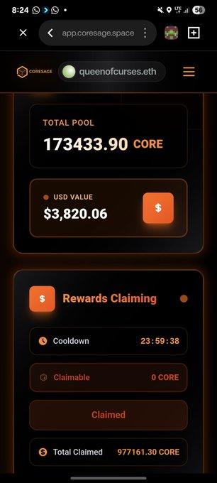 A screenshot of a crypto rewards dashboard on app.coresage.space showing 'queenofcurses.eth' with a Total Pool of 173433.90 CORE ($3,820.06) and a 23:59:38 cooldown before claiming.