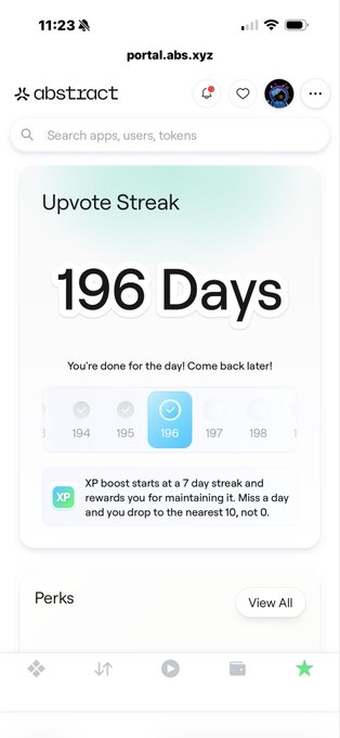 A mobile screenshot of the 'abstract' (portal.abs.xyz) platform showing an 'Upvote Streak' of '196 Days' with a message 'You're done for the day! Come back later!'.