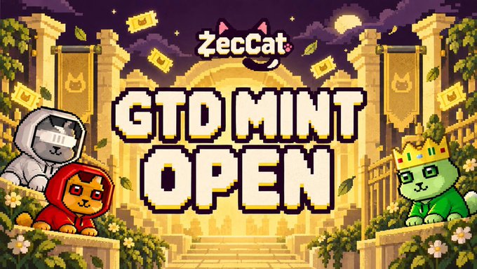 The image is a vibrant pixel-art promotional banner featuring the text "GTO MINT OPEN" alongside the "ZecCat" logo, depicting cat characters in hoodies and a crown amid gold-themed scenery. It visually supports the announcement of a one-hour limited GTD mint event for $ZEC NFTs with no platform fees at zeccat.com/mint.