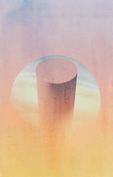 A soft, pastel-toned digital artwork featuring a pink and orange cylindrical form set against a circular backdrop, which appears to be the piece "Oraí" being auctioned. The abstract composition complements the text announcing the 1/1 NFT auction, with the dreamy gradient colors creating an ethereal atmosphere fitting for the unique collector's item.