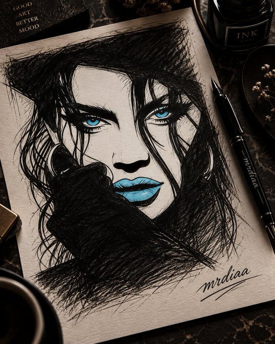 An artistic ink sketch portrait of a woman with striking blue eyes and blue lips, signed 'mrdiaa', with an ink bottle labeled 'INK' and a pen visible on a dark marble surface.