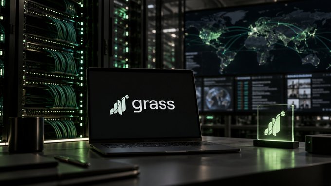 A laptop displaying the "grass" logo sits on a desk in a data center, with server racks and a world map showing network connections in the background.
