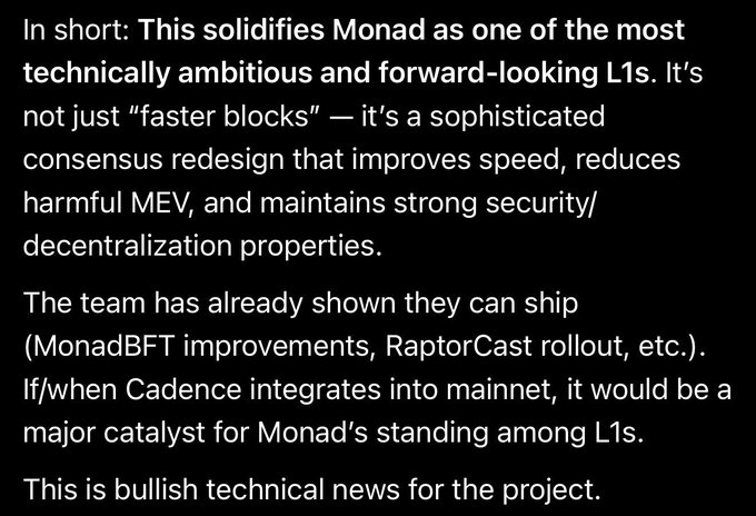 A screenshot of bullish commentary about Monad's upcoming "Cadence" upgrade, highlighting it as a major consensus redesign that improves speed, reduces harmful MEV, and maintains strong security/decentralization—potentially positioning Monad as a top-tier high-performance EVM L1.