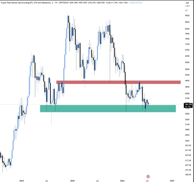 A weekly TradingView chart of the "Crypto Total Market Cap Excluding BTC, ETH and Stablecoins" (CRYPTOCAP) ticker on a 1W timeframe shows price currently testing a multi-year support zone around the $370B–$390B area, highlighted by a green horizontal band, with a red resistance zone near $480B above. This visually supports the post's claim that the altcoin market cap (excluding BTC, ETH, and stablecoins) is holding above critical multi-year support, setting up a potential bounce before any move to new lows.