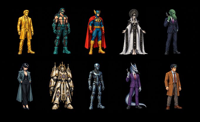 A grid of ten illustrated character figures displayed against a black background, including various superheroes, a yellow-suited man, a cloaked white-robed figure, a green-haired figure, a skull-faced warrior in ornate armor, a robotic figure, an anthropomorphic wolf in a purple suit, and men in trench coats.